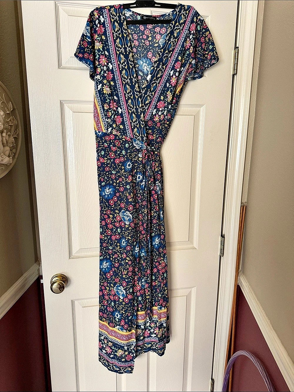 PrettyGarden Women's Summer Wrap Maxi Dress Floral Blue & Pink Medium